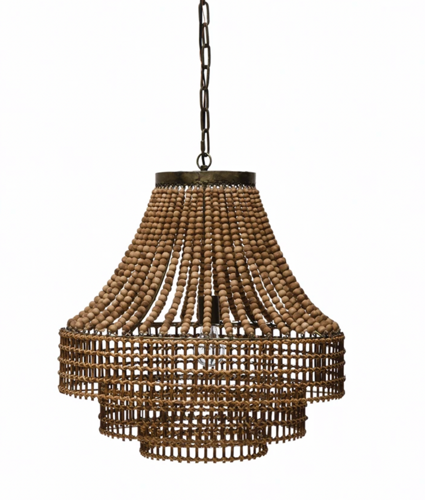 METAL RATTAN AND WOOD BEAD CHANDELIER -  IN STORE PICKUP ONLY!