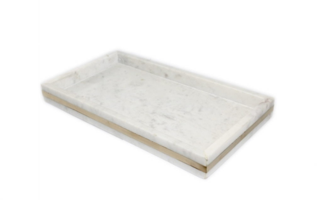WHITE MARBLE TANK TRAY WITH BRASS INLAY - 2 SIZES- IN STORE PICK UP ONLY!