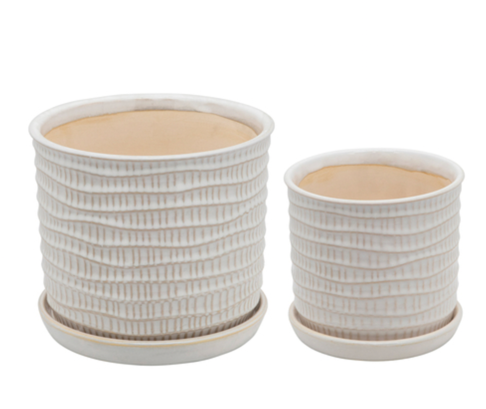 TEXTURED PLANTERS WITH SAUCER IN BEIGE - 2 SIZES AVAILABLE