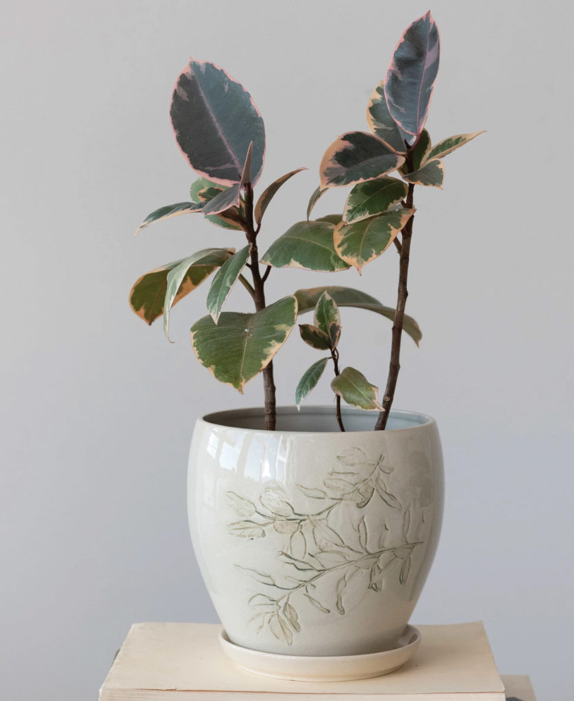 DEBOSSED STONEWARE PLANTER WITH SAUCER