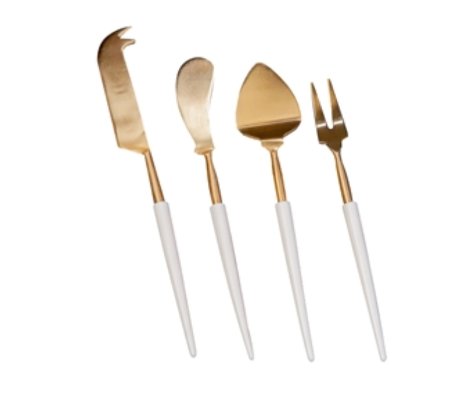 SET OF 4 GOLD CHEESE SET WITH WHITE RESIN HANDLES