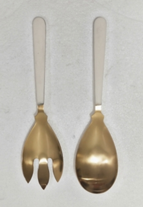 SET OF 2 SALAD SERVERS GOLD WITH WHITE RESIN HANDLES