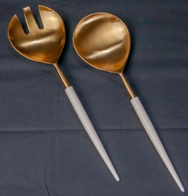 SET OF 2 GOLD SALAD SERVERS WITH WHITE RESIN HANDLES