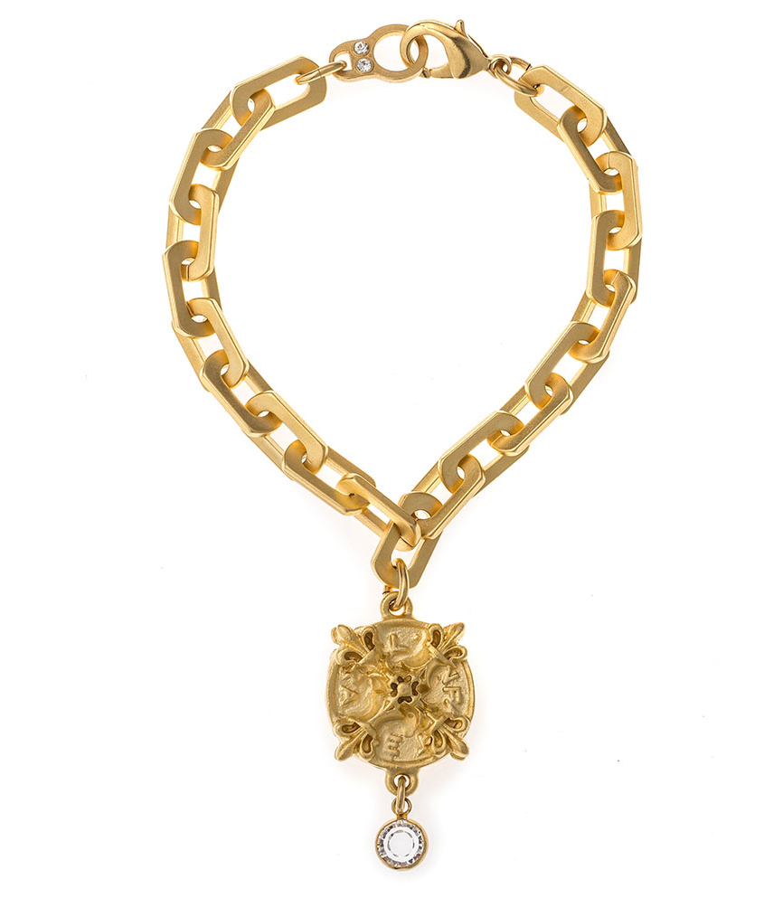 FRENCH KANDE 24K CLAD HONFLEUR CHAIN WITH X MEDALLION  CRYSTAL CHANNEL SET DANGLE