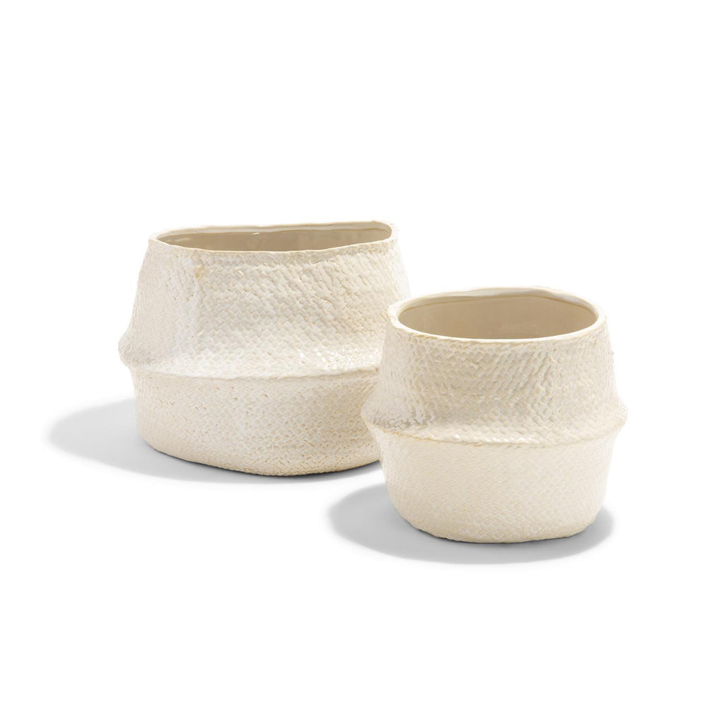 WHITE POT DECORATION WITH WEAVE TEXTURE - IN STORE PICK UP ONLY!