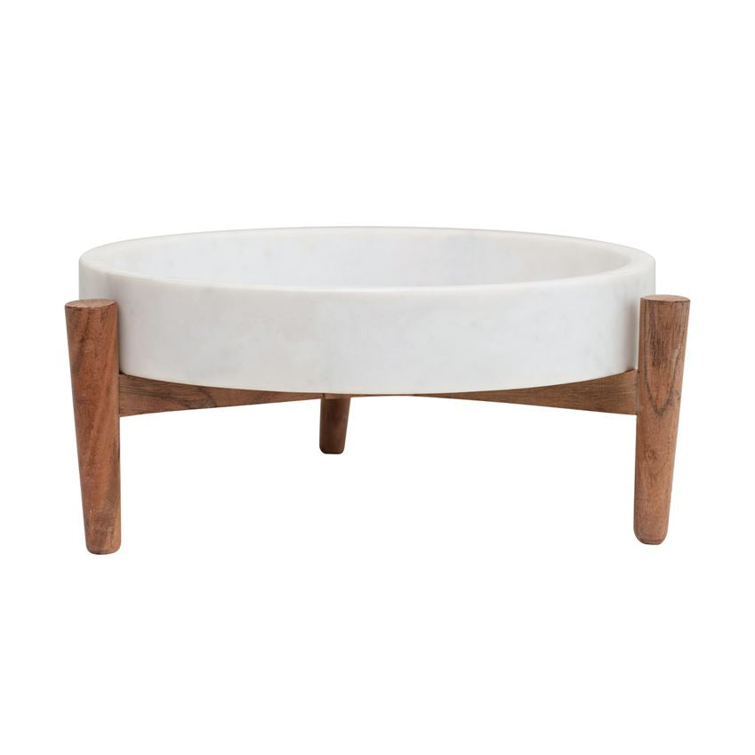 12" ROUND MARBLE TRAY WITH WOOD STAND, WHITE - IN STORE PICK UP ONLY!