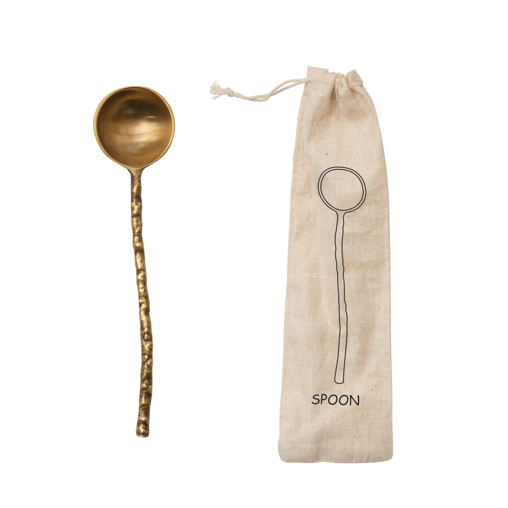 BRASS SERVING SPOON WITH HAMMERED HANDLE IN PRINTED DRAWSTRING BAG