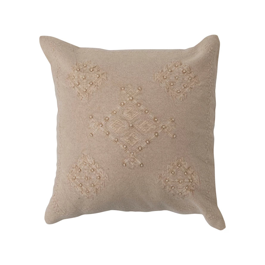 18" SQUARE WOVEN COTTON PILLOW WITH EMBROIDERY AND FRENCH KNOTS
