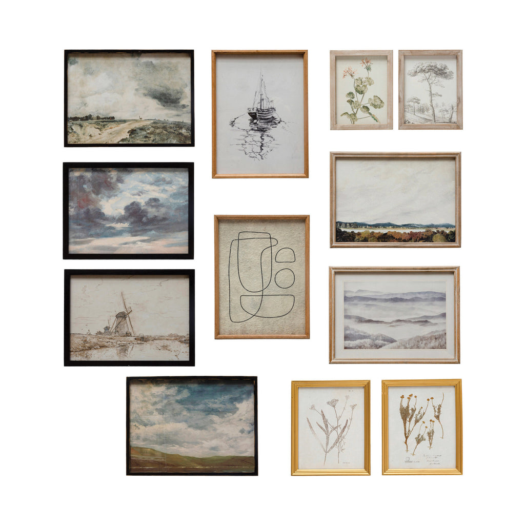 WOOD FRAMED GLASS WALL DECOR WITH LANDSCAPES, BOTANICALS, ABSTRACT - IN STORE PICK UP ONLY!