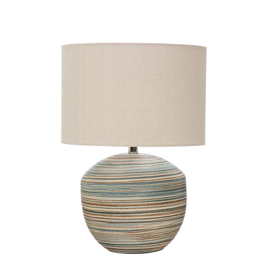 STONEWARE TABLE LAMP WITH STRIPES AND LINEN SHADE - IN STORE PICK UP ONLY!